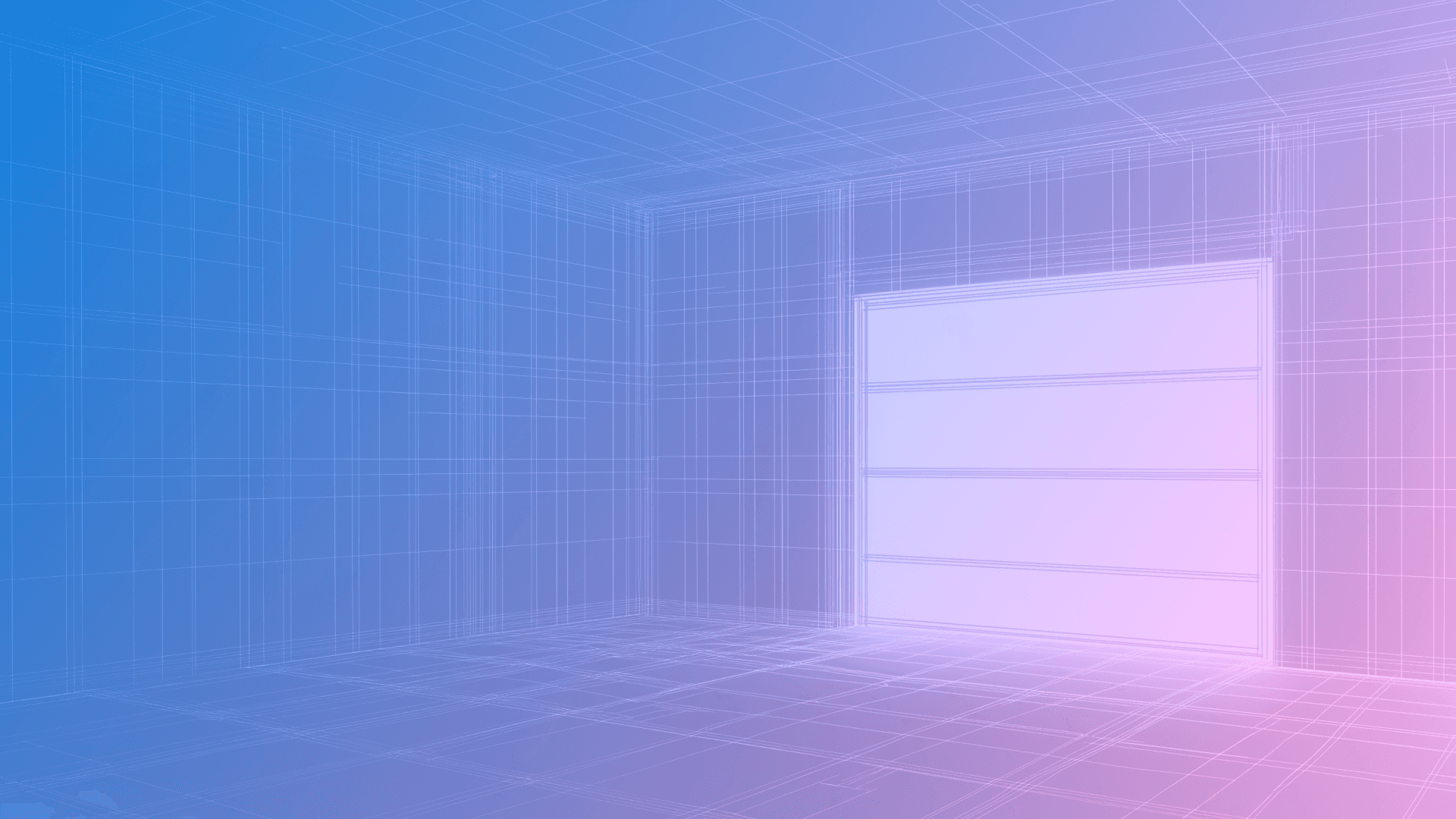 Inside of a futuristic tech garage with a glowing light from the garage door
